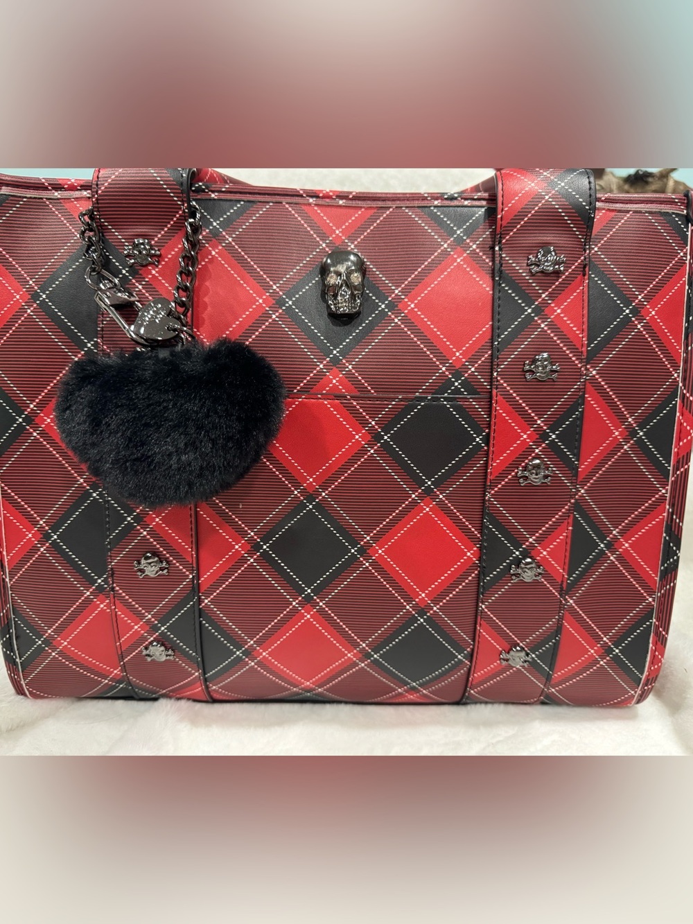 Betsey Johnson Red Plaid Tote Bag with Skull Accent and Black Fur Charm